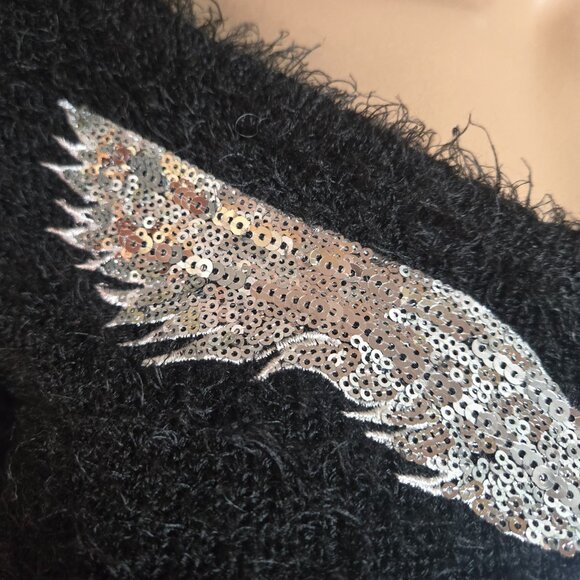 Y2K Black Fluffy Shaggy Sweater Silver Sequin Bird Eagle Size XS V Neck - Picture 3 of 10